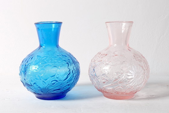 Image 1 of Set of 2 Vintage Pressed Glass Vases, Blue & Pink Floral Set, Italy 1960s