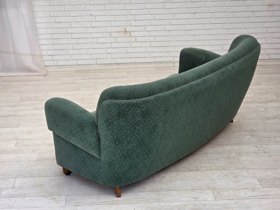 Image 1 of 1960s, Danish 3-seater curved sofa, light green furniture fabric, original condition.