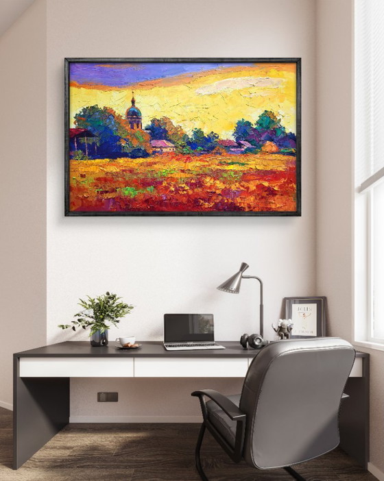 Original Oil Painting Rural Landscape Meadow Church Sunset Over The Village – Paintings & Drawings, Canvas (photo 2 of 7)