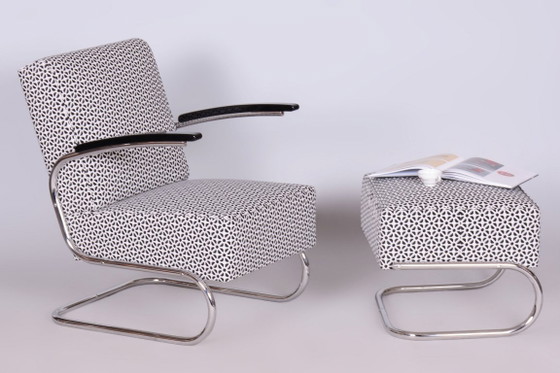 Restored Bauhaus Armchair With Foot Stool, By Mücke-Melder, Steel, Czech, 1930s – Metal, Textile (photo 3 of 8)