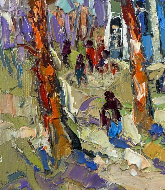Image 1 of Peinture à l'huile originale, paysage d'arbres d'été, promenade dans le parc