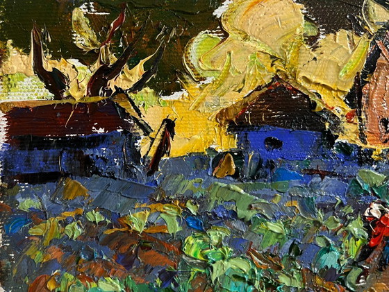 Image 1 of Original Oil Painting Evening Village Landscape Cabbage is being planted in the garden