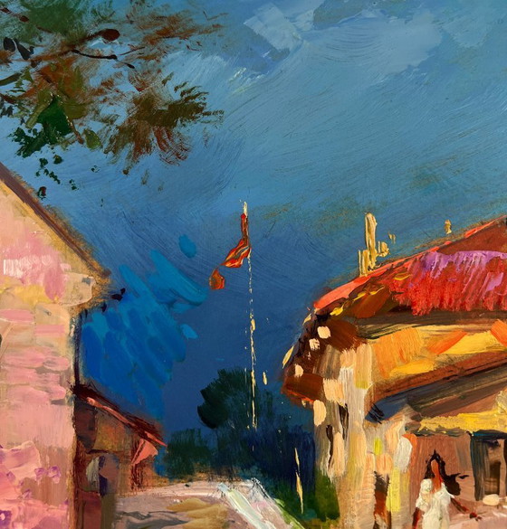 Image 1 of Original Oil Painting Summer Houses Landscape The bridge leading to the village