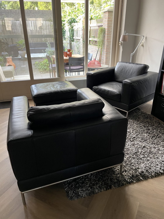 Image 1 of Ensemble de 2 fauteuils en cuir et 1 tabouret