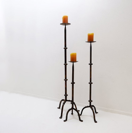 Image 1 of Set of 3 brutalist tripod candlesticks/candle holders in wrought iron