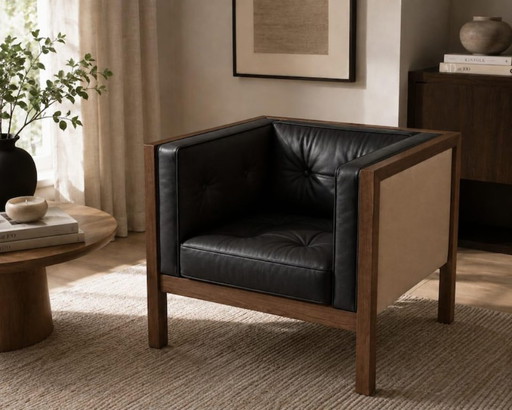 Sillón moderno Cubbes de cuero beige – Sillón escandinavo de madera maciza