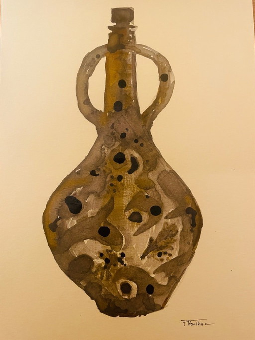 Signed watercolor and ink painting Vase Wabi Sabi Egypt