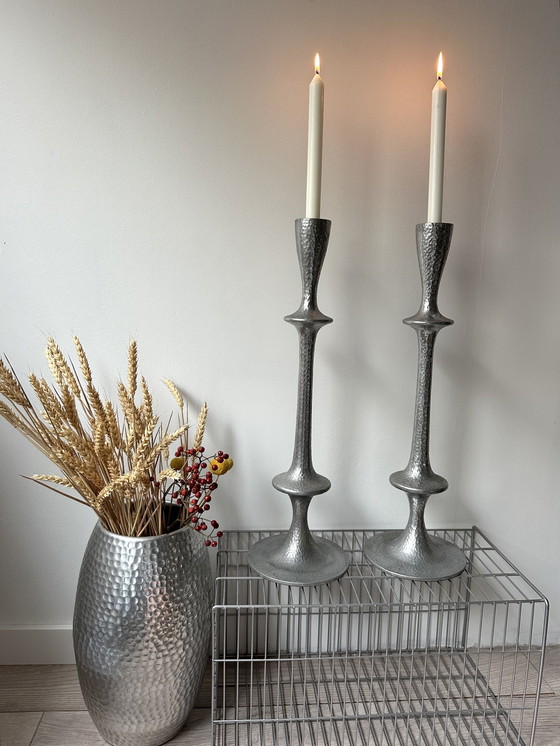 Image 1 of Two Big Vintage Aluminium Hammered Candle Holders