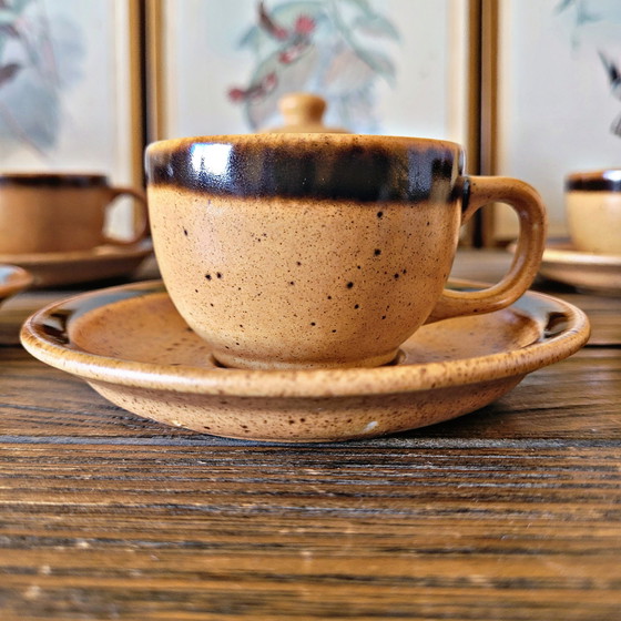 Image 1 of Tasses et Sucrier Vintage en Grès Moucheté de Bourgogne Sarreguemines