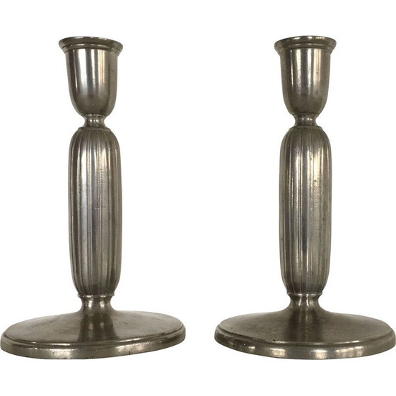 Image 1 of Pair of vintage Art Deco pewter candlesticks by Just Andersen