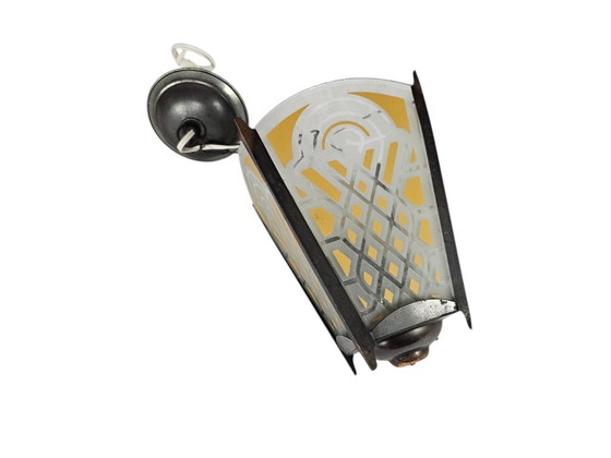 Image 1 of Amsterdams school stijl - lantaarn - hanglamp - glas - messing - 1930's