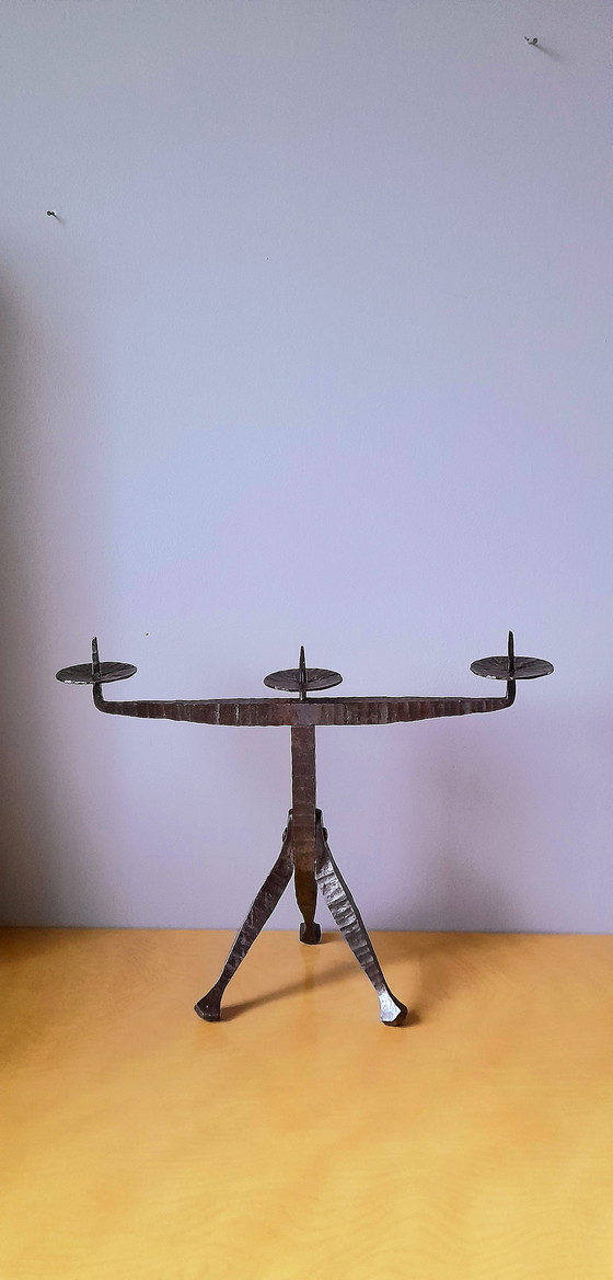 Image 1 of Brutalist Tripod Wrought Iron Candlestick, Les Artisans De Marolles, 1960