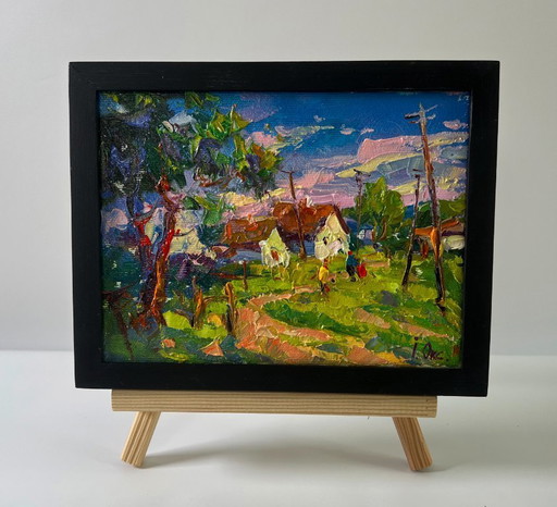 Original Oil Painting Rural Evening Landscape Edge Of The Village
