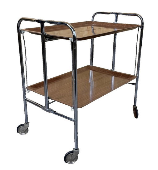 1960s/70s Serving Trolley/Dinette Side Table, Space Age Design, Chrome/Brown