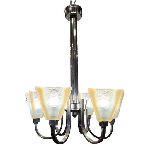 Deckenleuchte / Kronleuchter Atelier Petitot Paris, Glas und vernickeltes Metall, Art déco, 1930er Jahre – Frankreich