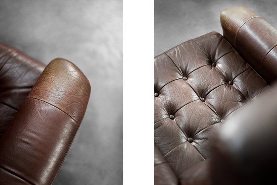 Image 1 of Vintage Mid-Century Deense moderne bruine leren draaifauteuil van Lystager Industri, jaren 70