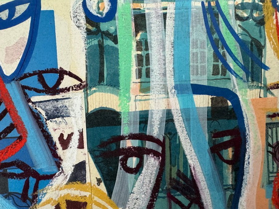 Image 1 of Thomas Van Der Linden ‘Terrace Chairs and Balcony’ – Mixed Media Collage on Canvas