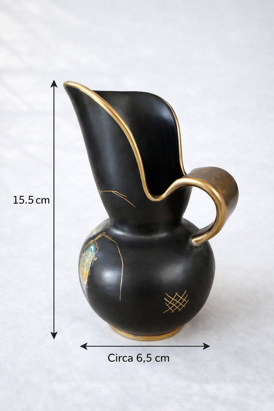 Image 1 of Vintage Regina Gouda "Nora" Pitcher – Hand-Painted Matte Black & Gold – 1930s