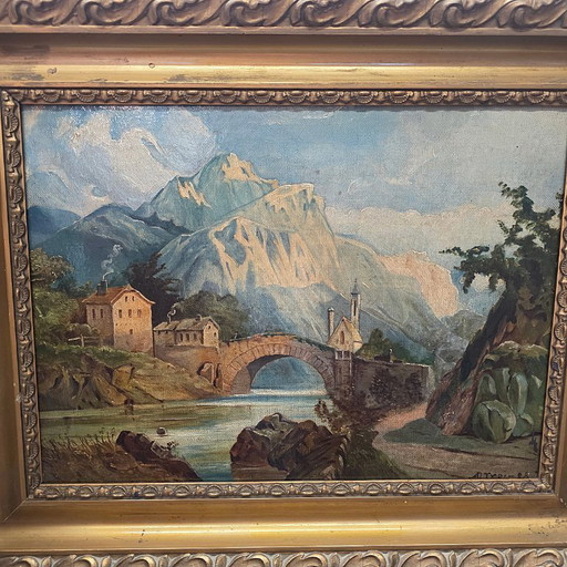Antique oil painting with an Alpine village, late 19th century