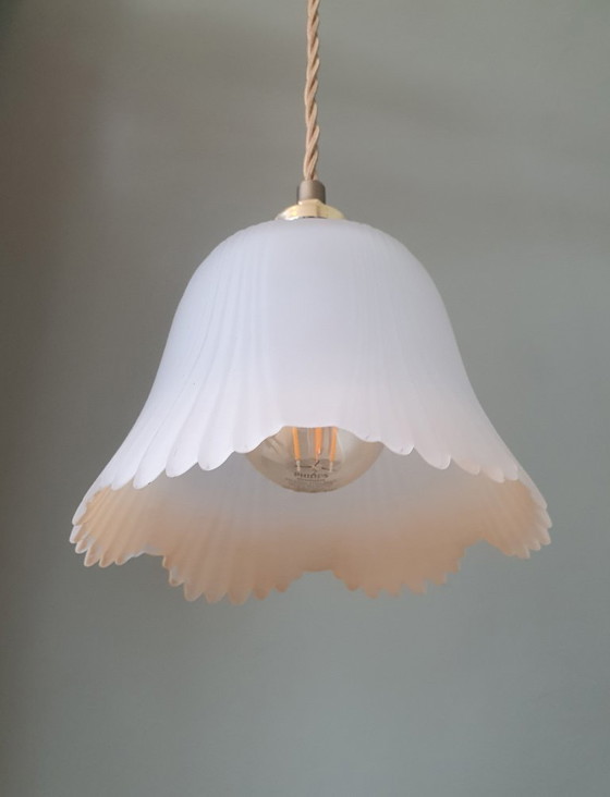 Image 1 of Lampe suspendue florale vintage en verre dépoli des années 1940-50.