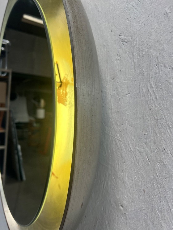 Image 1 of Vintage Round Wooden Wall Mirror With Lighting, Xl, 1970's