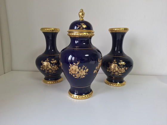 Image 1 of Bareuther Cupboard Set-Real Cobalt Porcelain - 3-Piece With Lid Vase