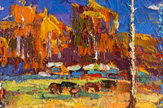 Image 1 of Original Oil Painting Fall Field Landscape Golden breath of autumn