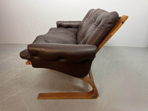 Image 1 of Supercomfy Scandinavian Rybo Rykken Chocolate Brown Leather 2-Seater Lounge Sofa by Elsa and Nordahl Solheim, 1960s.
