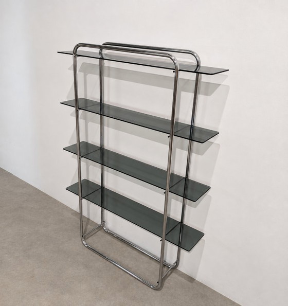 Scaffali a muro vintage cromati con vetro fumé – Anni '70 – Space Age – Glass (photo 5 of 9)