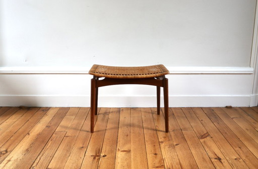 Vintage Scandinavian teak and wicker stool/footrest, 1960s Omann