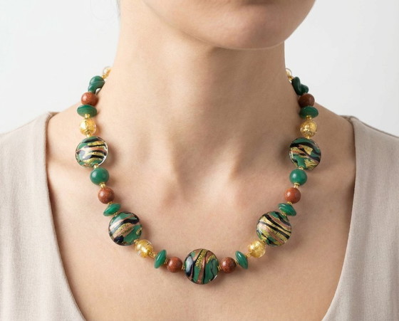 Image 1 of Collana artigianale in Vetro di Murano – lavorazione al lume con foglia oro e avventurina