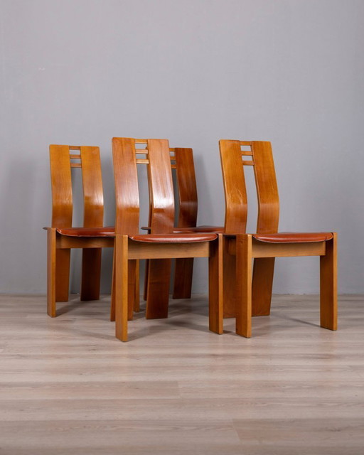 Ensemble de 4 chaises vintage des années 1950 en bois et cuir, design italien