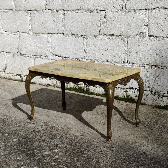 French Vintage Coffee Table with Onyx Top and Ornate Metal Legs, Stone, Green (photo 6 of 14)