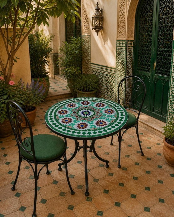 Image 1 of Handmade Moroccan Mosaic Table – Colorful Zellige Tile Patio Table with Iron Chairs Set