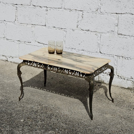 French Vintage Marble Brass Coffee Table - Cocktail Table-Lounge Table-Baroque Style-60s