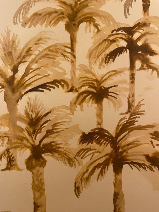 Signed watercolor painting of an oriental oasis landscape at nightfall.