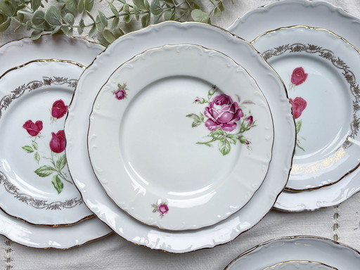 6 Assiettes Vintage Porcelaine Blanches Dorées + 6 Petites Assiettes Dépareillées Fleuries