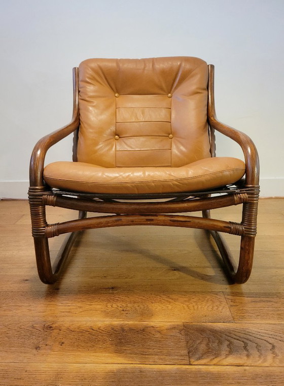 Image 1 of Poltrona vintage in rattan con cuscini in pelle del 1970