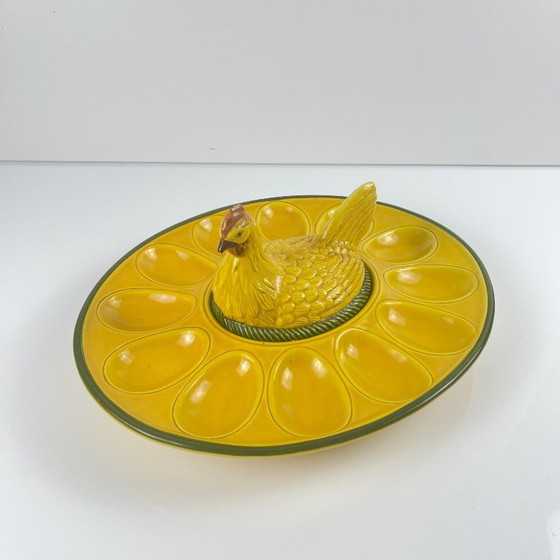 Image 1 of Yellow ceramic egg plate/display stand with hen, 20th century.