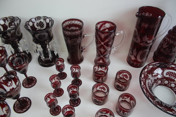 Image 1 of Antique Set of 36 pieces of Artistic cut Ruby red glass, Egermann, 1950's. 