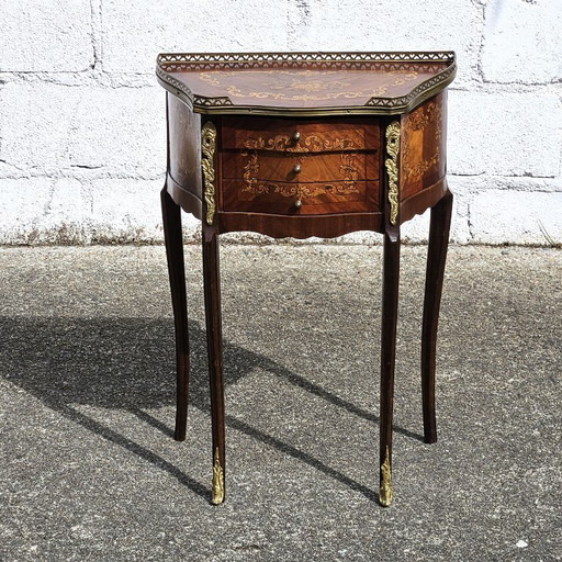 Chateau Ligny - French Antique Marquetry Nightstand - Fine Wood and Brass Console-Bedside Table-Style Louis XV- 1930s