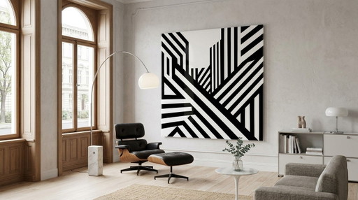 XXL Ausführung - Hyper Modern Abstrakt Minimalismus 01 Schwarz Weiss auf 5 mm Acrylglas 140x140 Cm I