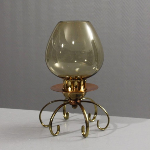 Modernist design candlestick from the 1950s in copper, brass & smoked glass