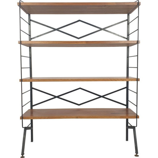 Etagère vintage en bois et laiton, Italie 1950