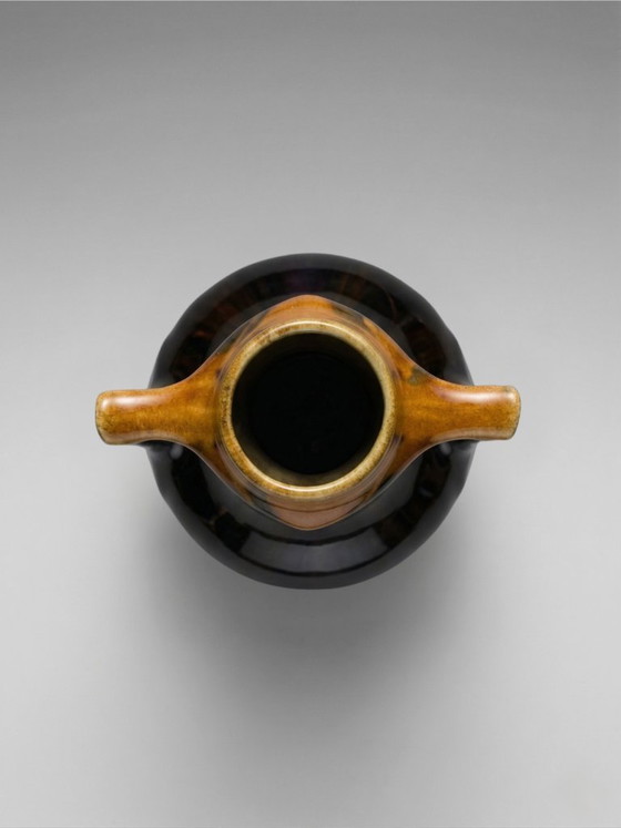 Image 1 of Art Deco vase in flamed brown-black glazed stoneware – openwork handles – French work – 1930s – 28 cm