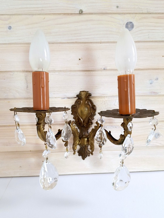 Image 1 of Lampada da parete vintage in ottone con cristalli, Jugoslavia 1970