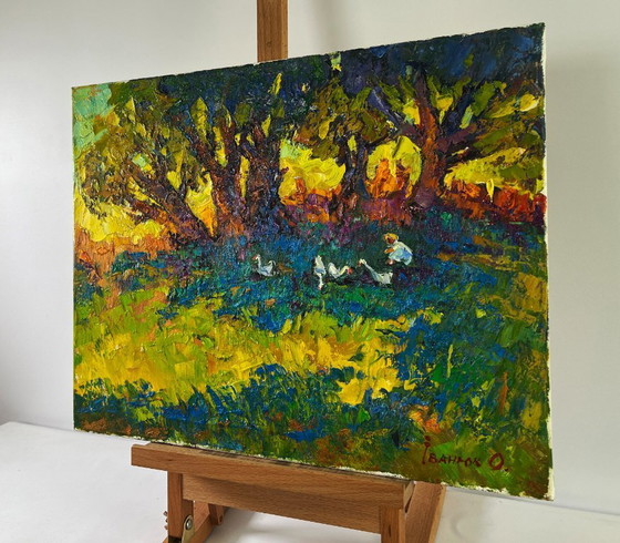 Image 1 of Original Oil Painting Evening Nature Landscape Silence In The Shade Of Old Willows