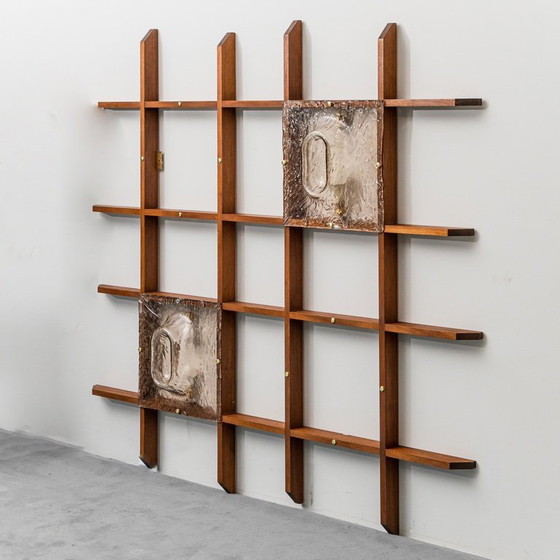 Image 1 of 2-LIGHT WALL LAMP WITH TEAK GRID FRAME MAZZEGA 1960S VINTAGE MODERN ANTIQUES