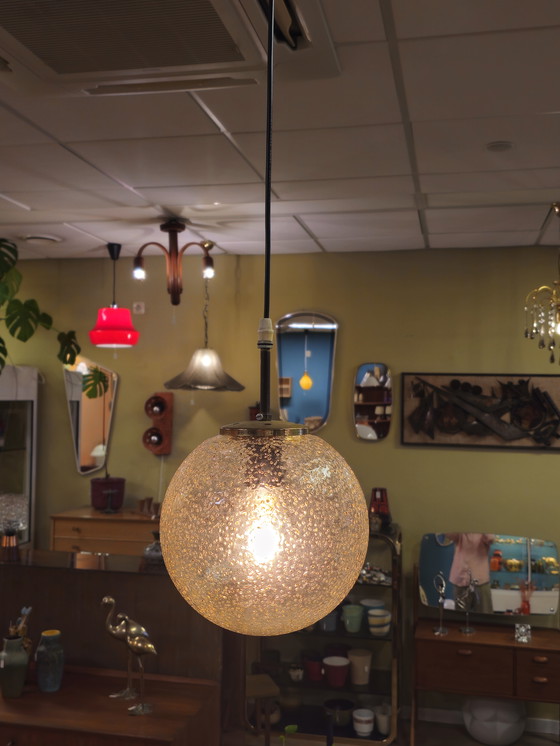 Image 1 of Vintage Hanglamp Glazen Bol Plafondlamp Lamp Messing 