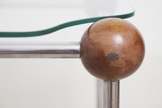 Image 1 of  Atomic MCM Side Table Vintage 1970s Mid Century Modern Space Age Chrome Glass Wood Sphere Joints Molecular Coffee Table 